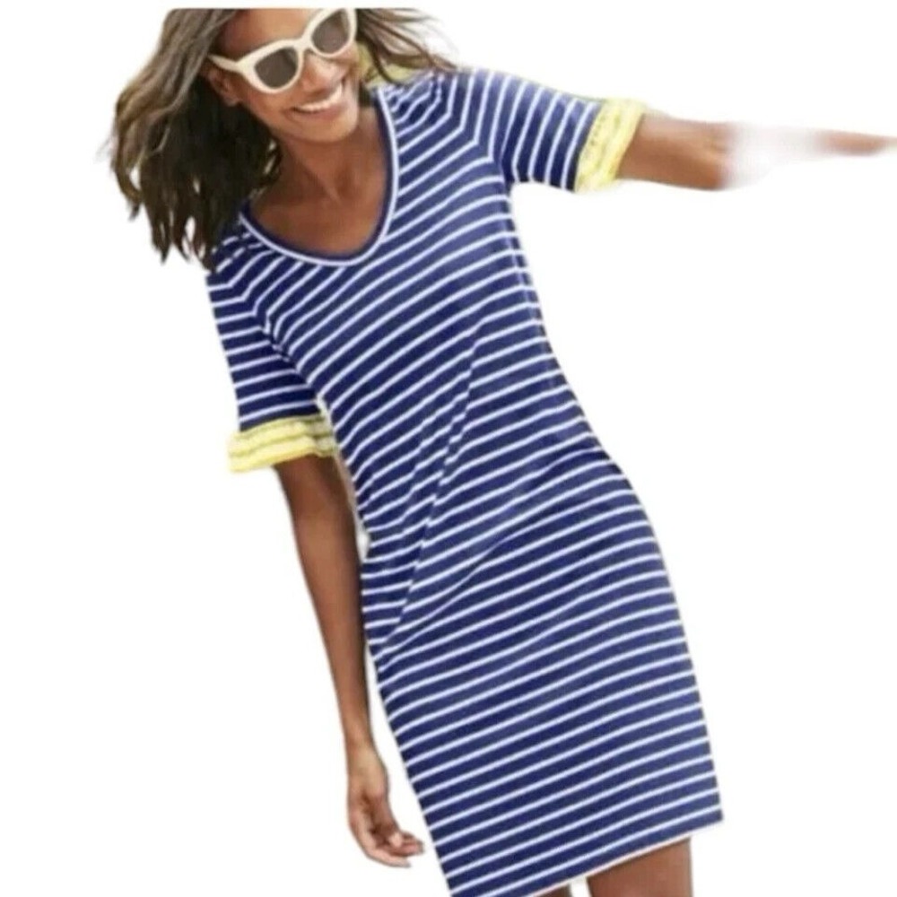 Boden Blue and‎ White Striped Dress Size 2R Yellow Ruffle Short Sleeves Coastal